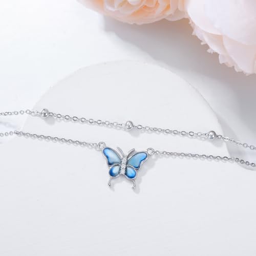 Diamond Butterfly Anklets 925 Sterling Silver Blue Buttefly Double Layer Anklets Bracelet Jewelry Gifts for Women Daughter Friends, 9'' + 2'' - Image 3