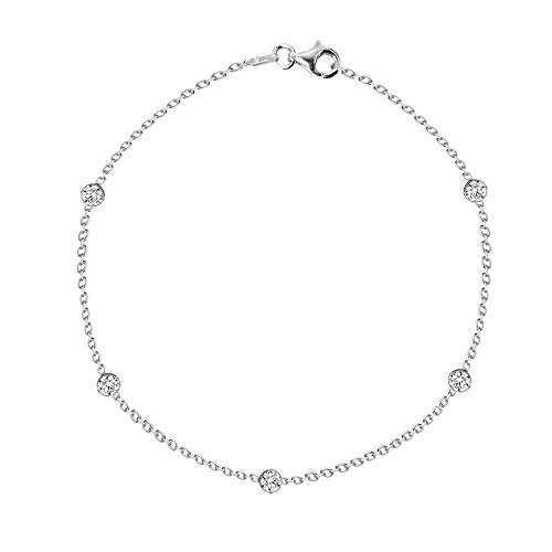 Sterling Silver Mini 3mm Cubic Zirconia CZ By the Yard Station Anklet Anklet Bracelet, 10", 11"
