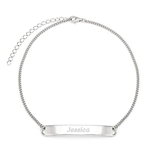 Women's Custom Engraved Sterling Silver Name Bar Ankle Bracelet, 9" long - Personalized Anklets for Her - Engravable Anklet - Gift for Her - Gifts for Mom
